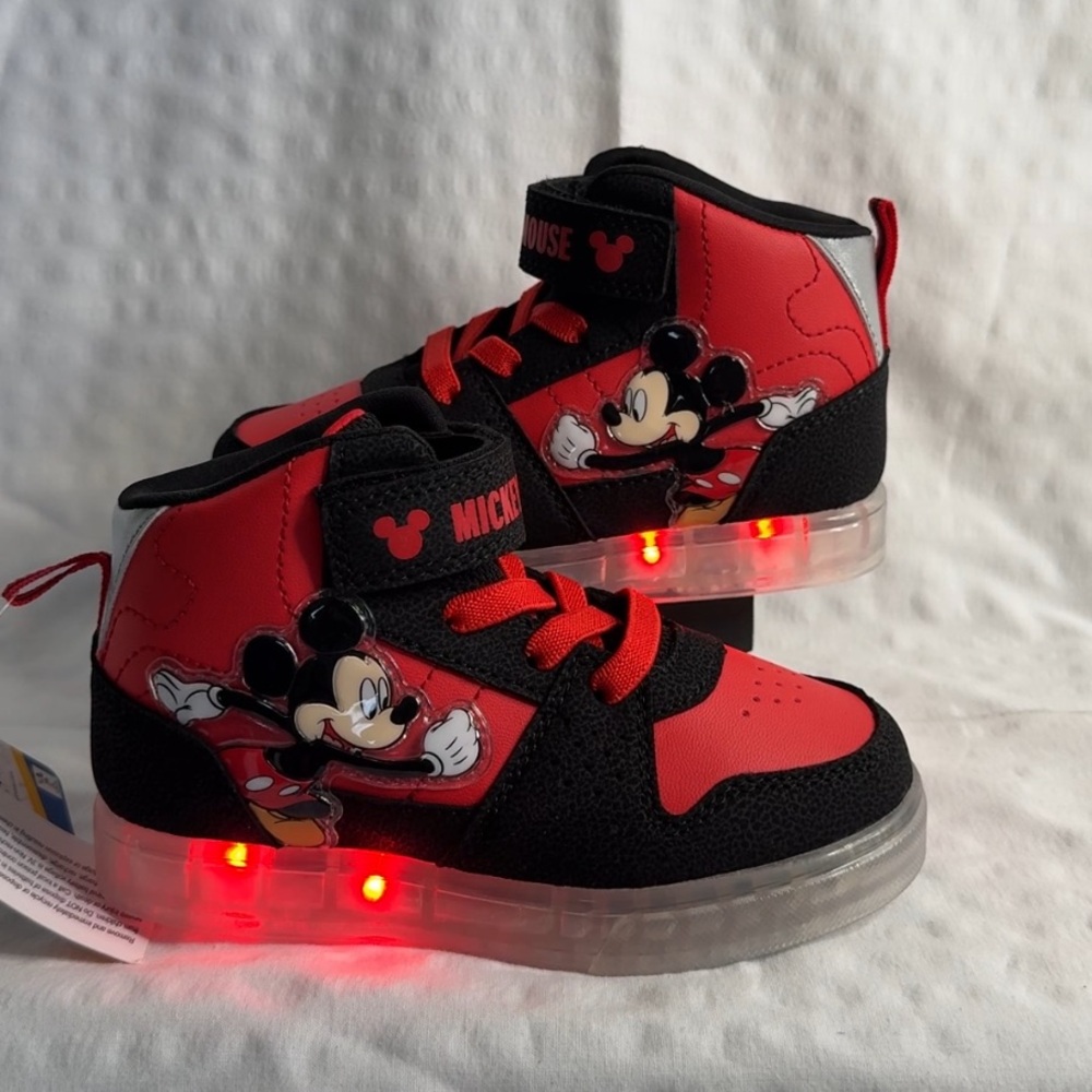 Disney Mickey Mouse Kids Red & Black Light-Up High-Top Sneakers Toddler Shoes